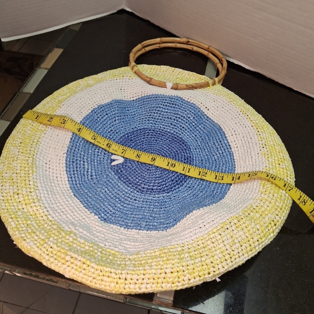 Handmade Round Concentric Circles Plastic Weave Bamboo Handles Large Purse Bag - Picture 15 of 16
